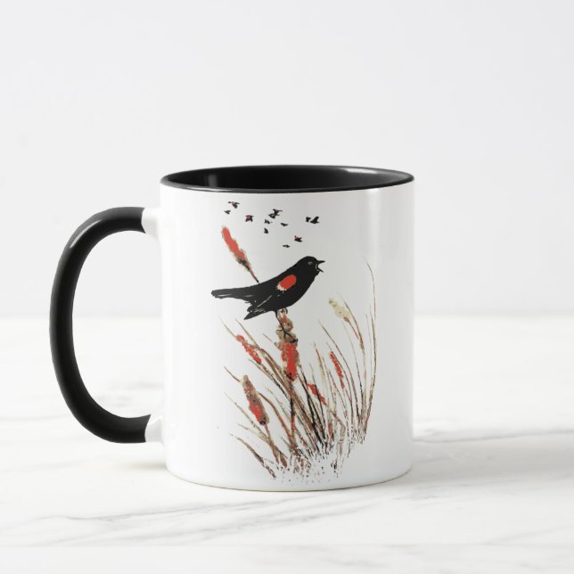 Watercolor Red Winged Blackbird Bird Animal Art Mug (Left)