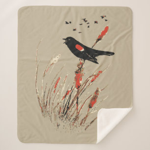 Watercolor Red-Winged Blackbird Bull Rushes Sherpa Blanket