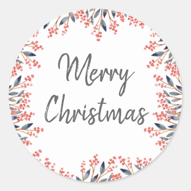 Watercolor Red Winter Berries Merry Christmas Classic Round Sticker (Front)