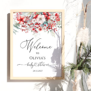 Watercolor Red Winter Floral Baby Shower Welcome Poster