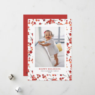 Watercolor Red Winterberry Christmas Photo Holiday Card