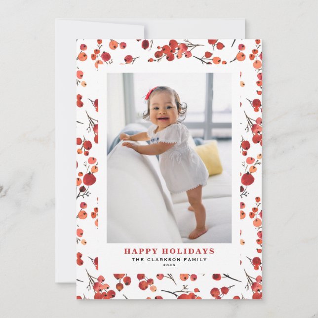 Watercolor Red Winterberry Christmas Photo Holiday Card (Front)