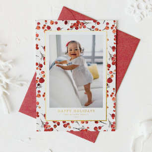 Watercolor Red Winterberry Happy Holidays Photo Foil Holiday Card