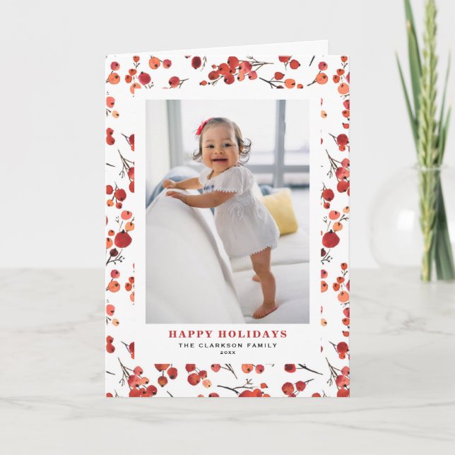 Watercolor Red Winterberry Happy Holidays Photo Holiday Card (Front)