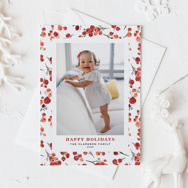 Watercolor Red Winterberry Happy Holidays Photo Holiday Postcard (Watercolor Red Winterberry Happy Holidays Photo Holiday Postcard)