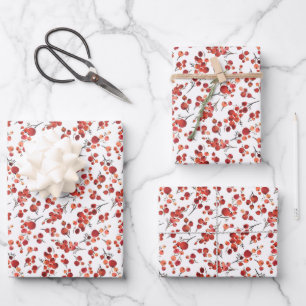 Watercolor Red Winterberry Holly Christmas Pattern Wrapping Paper Sheet