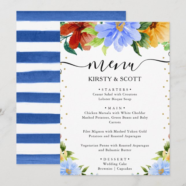 Watercolor Red, Yellow & Blue Flowers Wedding Menu (Front/Back)