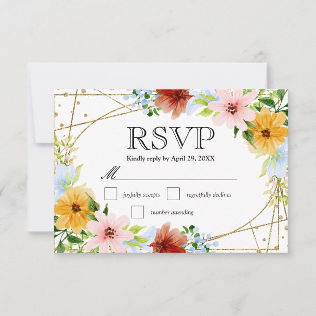 Watercolor Red Yellow Blue Flowers Wedding RSVP Card (Front)