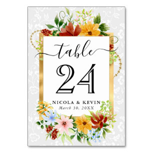 Watercolor Red Yellow Blue Flowers Wedding Table Number