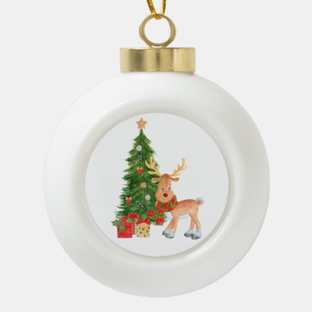 Watercolor Reindeer Baby Ceramic Ball Christmas Ornament (Front)