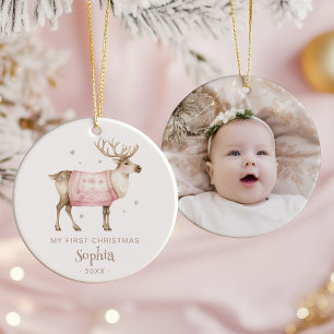 Watercolor Reindeer Baby's 1st Christmas Photo Ceramic Tree Decoration