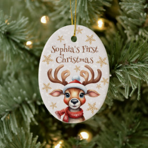 Watercolor Reindeer Baby's First Christmas Photo Ceramic Tree Decoration