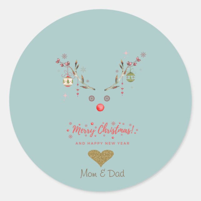  Watercolor Reindeer Christmas Balls Gold Heart Classic Round Sticker (Front)