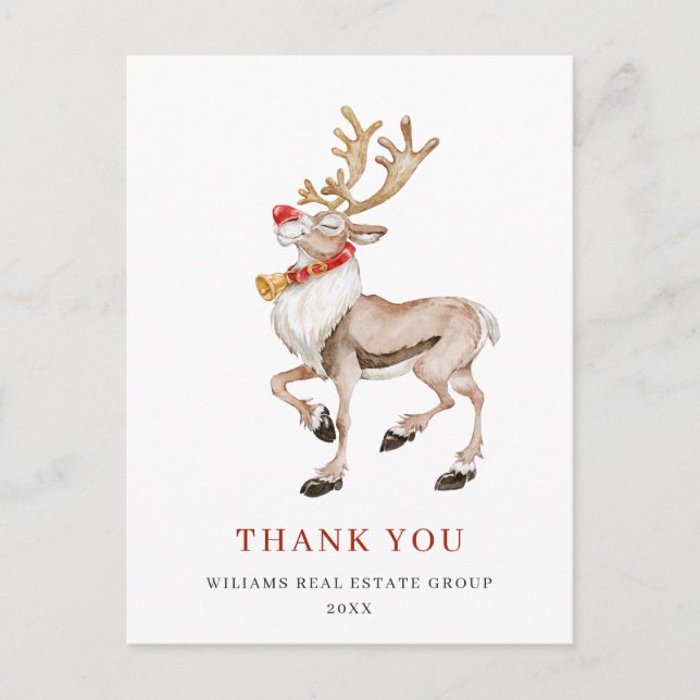 Watercolor Reindeer Christmas Holiday Thank You Postcard (Front)