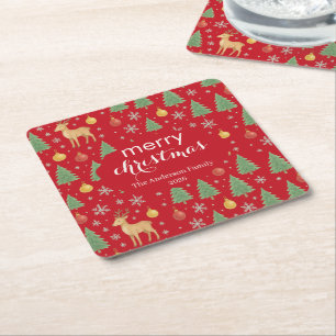 Watercolor Reindeer & Christmas Tree - Square Paper Coaster