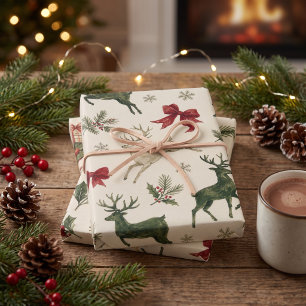 Watercolor Reindeer Evergreen Holly Vintage Sleds Wrapping Paper Sheet