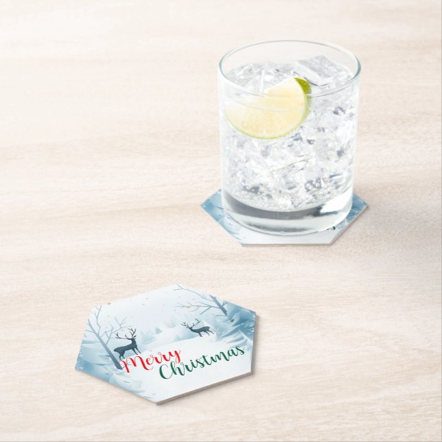 Watercolor reindeer fawn tree merry Xmas party Paper Coaster (Insitu)