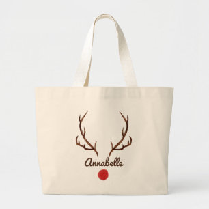 Watercolor reindeer funny antlers red nose tote ba