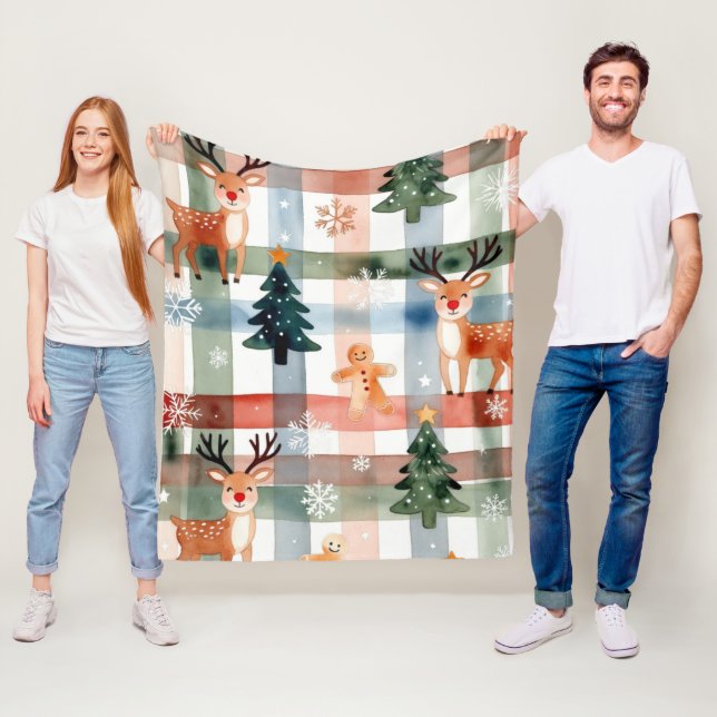 Watercolor Reindeer Gingerbread Man Snowflake Tree Fleece Blanket (In Situ)