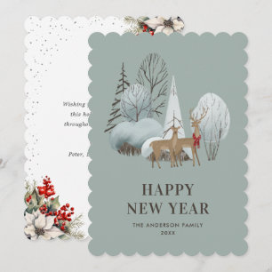 Watercolor Reindeer Holly Berries New Year Card