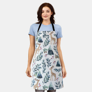 Watercolor Reindeer in the Forest Christmas Apron