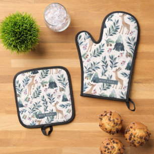 Watercolor Reindeer in the Forest Christmas Oven Mitt & Pot Holder Set