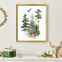 Watercolor Reindeer in Winter Forest Christmas