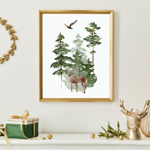 Watercolor Reindeer in Winter Forest Christmas Poster