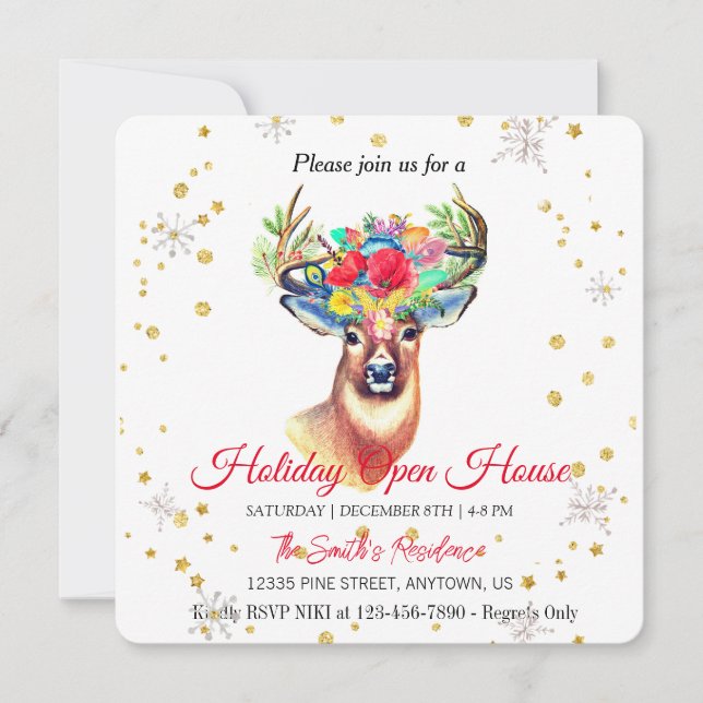Watercolor Reindeer, Magic  Red invitation (Front)