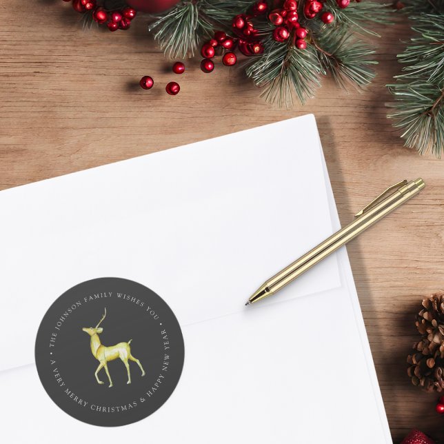 Watercolor Reindeer Merry Christmas Family Name Classic Round Sticker (Creator Uploaded)