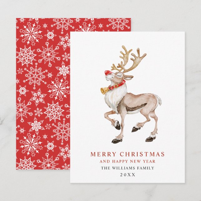 Watercolor Reindeer Merry Christmas Holiday Card (Front/Back)