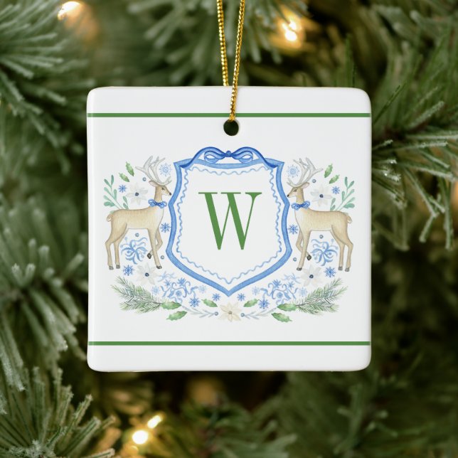 Watercolor Reindeer Monogram Crest Christmas Ceramic Ornament (Tree)