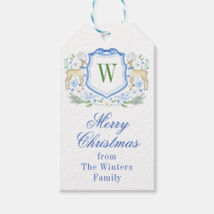Watercolor Reindeer Monogram Crest Christmas Gift Tags