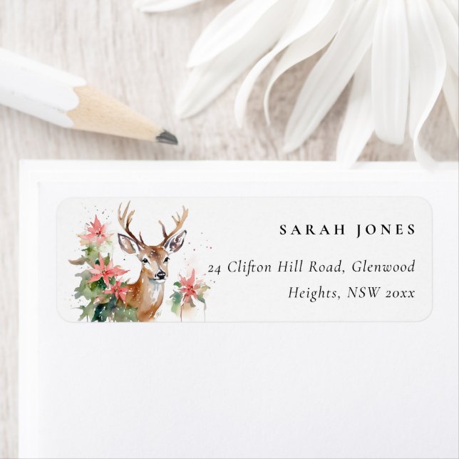 Watercolor Reindeer Poinsettia Christmas Address (Insitu)