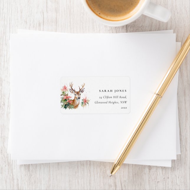 Watercolor Reindeer Poinsettia Christmas Address Label (Insitu)