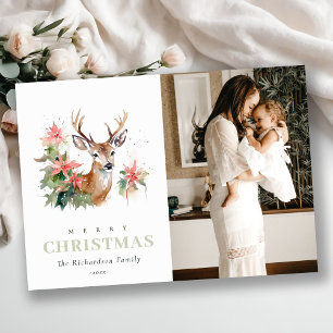 Watercolor Reindeer Poinsettia Christmas Photo Holiday Card