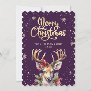 Watercolor Reindeer Purple Gold Christmas Card