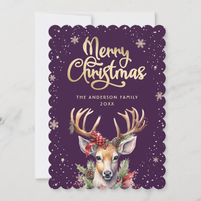 Watercolor Reindeer Purple Gold Christmas Card (Front)