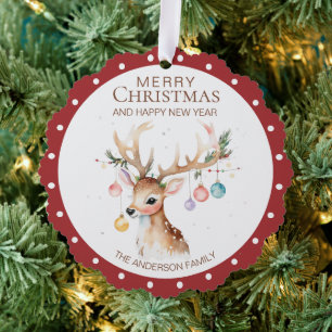 Watercolor Reindeer Red Christmas Ornament Card
