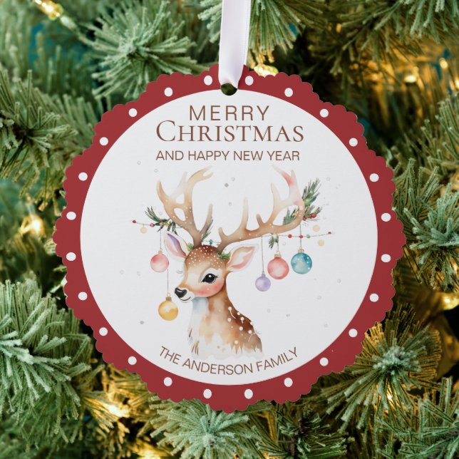 Watercolor Reindeer Red Christmas Ornament Card (Insitu (Tree))