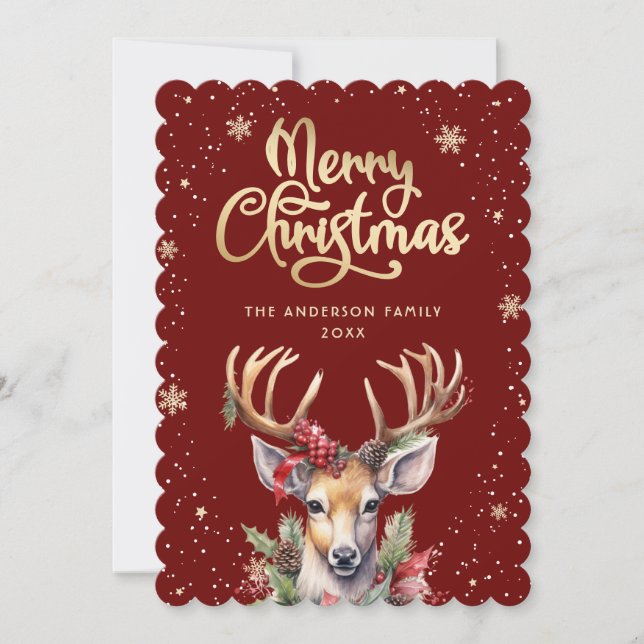 Watercolor Reindeer Red Gold Christmas Card (Front)