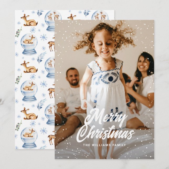 Watercolor Reindeer Snow Globe Photo Christmas Holiday Card (Front/Back)