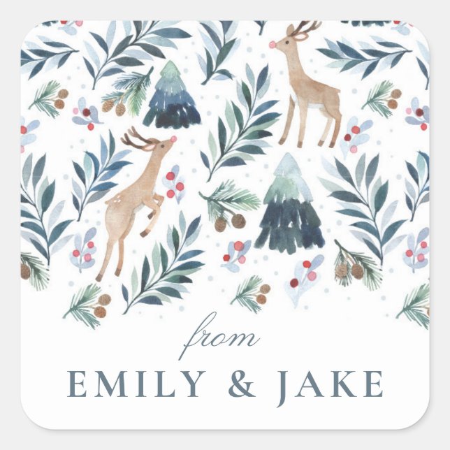 Watercolor Reindeers in the Forest Holiday Square Sticker (Front)