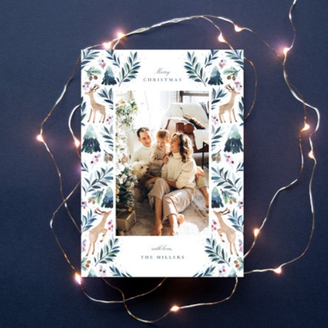 Watercolor Reindeers in the Forest Photo Holiday Card (Creator Uploaded)