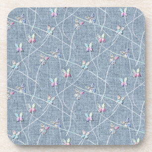 Watercolor Relief Butterflies on Denim Blue Linen Coaster