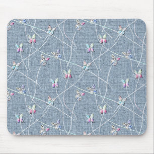 Watercolor Relief Butterflies on Denim Blue Linen Mouse Mat