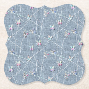 Watercolor Relief Butterflies on Denim Blue Linen Paper Coaster
