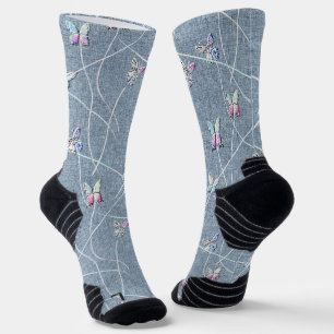 Watercolor Relief Butterflies on Denim Blue Linen Socks