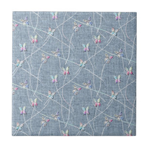 Watercolor Relief Butterflies on Denim Blue Linen Tile
