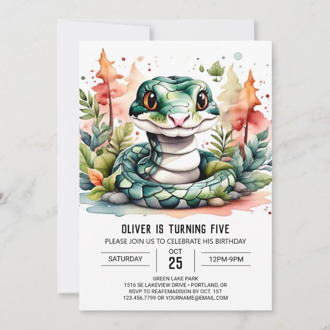 Watercolor Reptile Kids Birthday Invitation (Front)